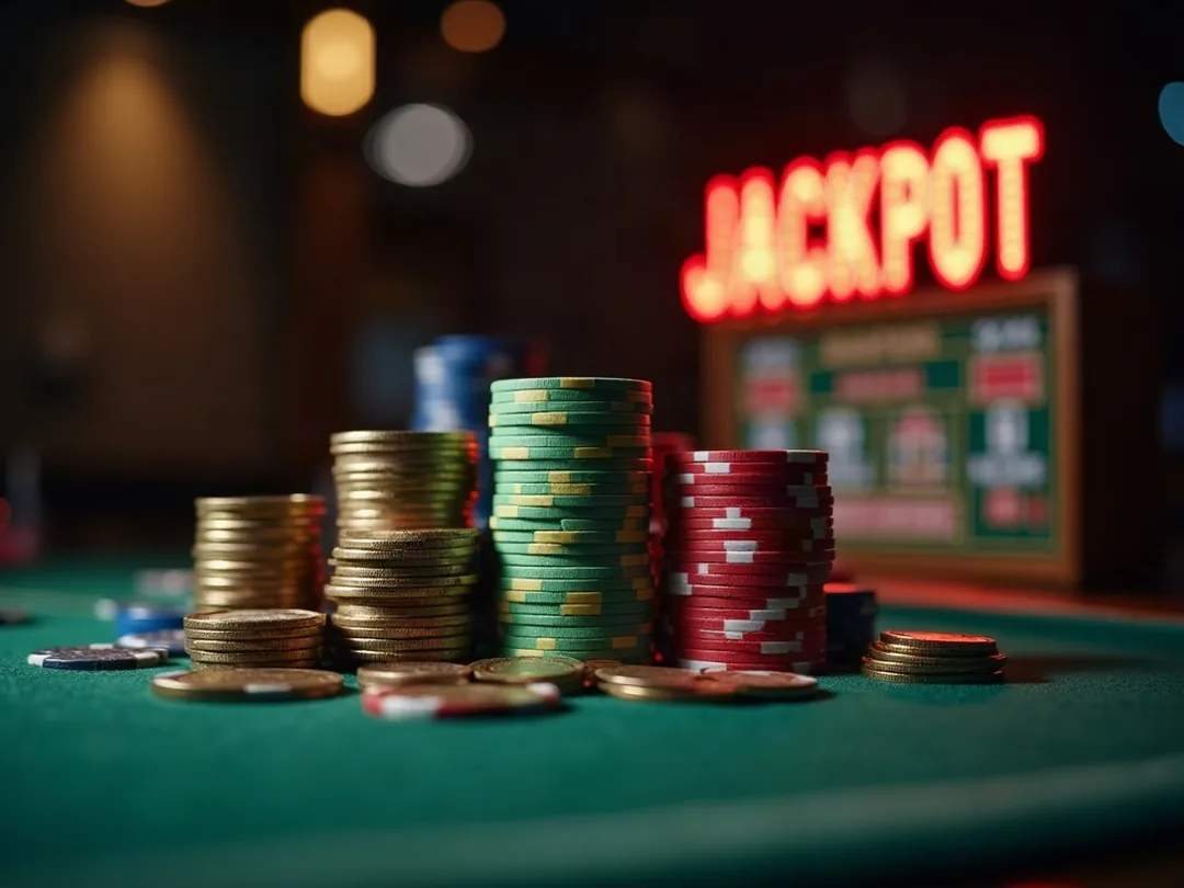 Fiches e monete che rappresentano gioco,slots, bonus, jackpot, vittoria